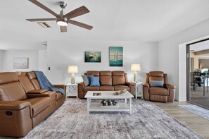 A modern living room with leather sofas, a white coffee table, and artwork on the wall. - The Pool. The Views. The House. (Sarasota)