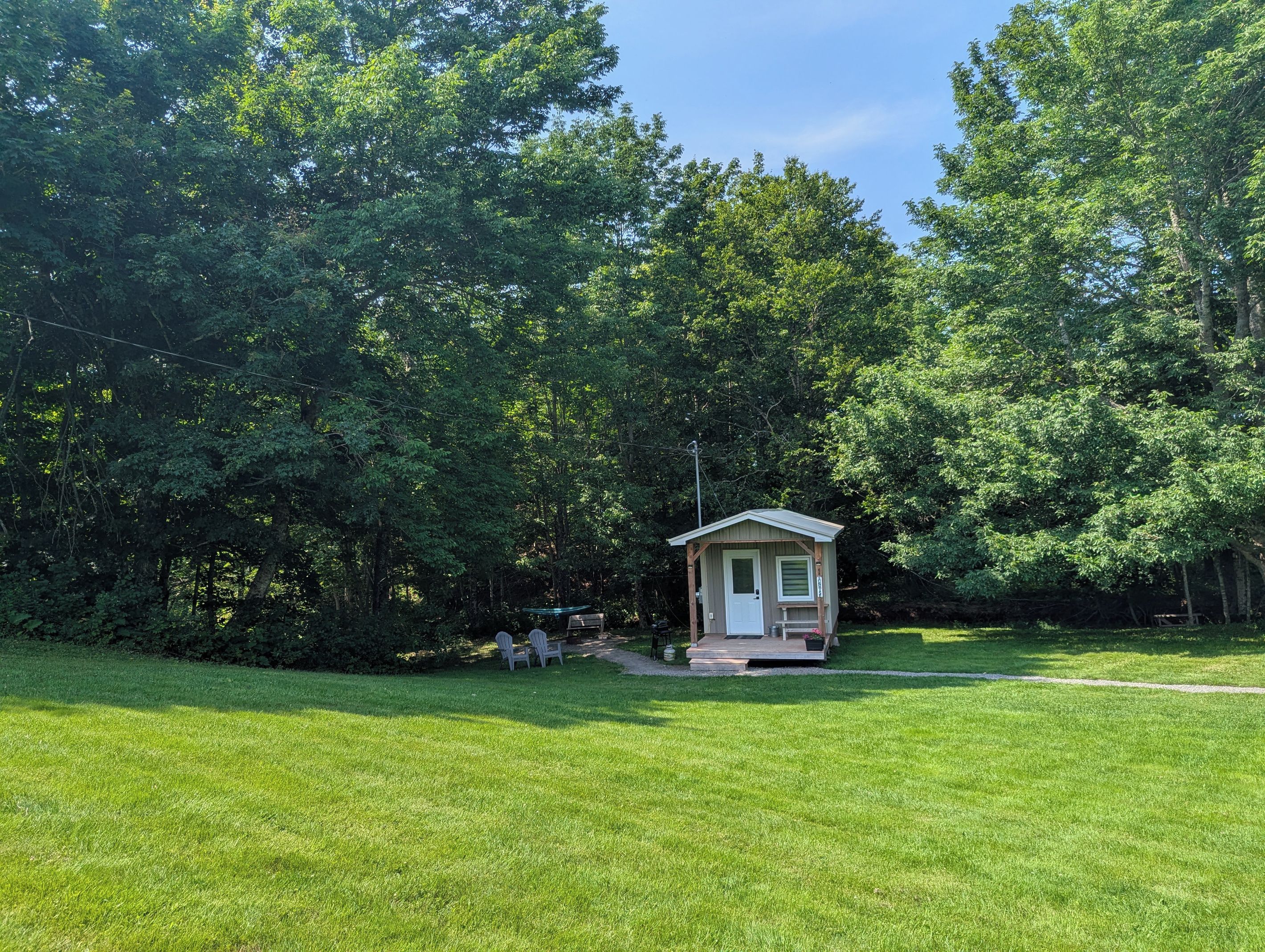 A small wooden cabin with a porch, surrounded by a grassy area and dense trees.