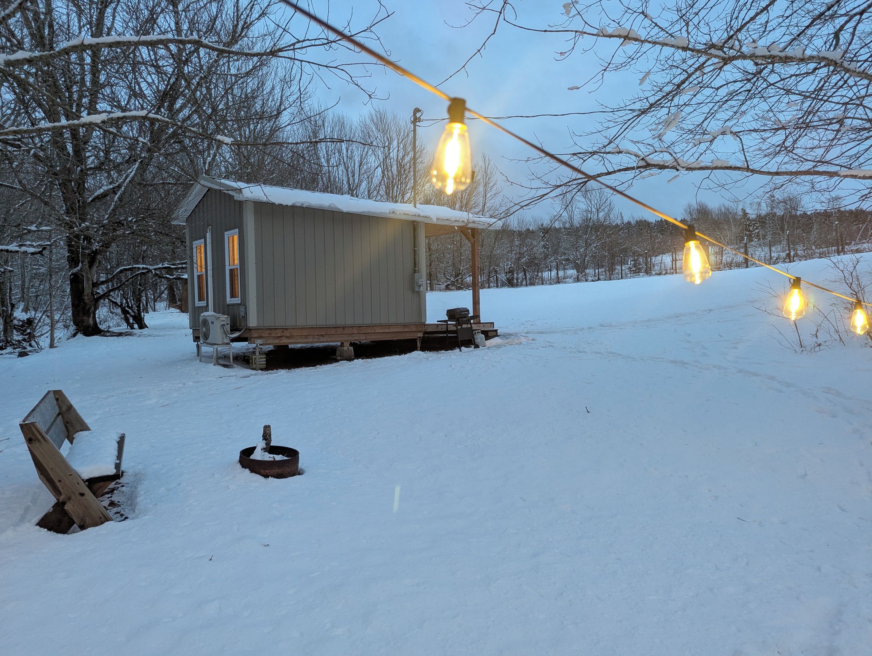 En stuga av trä med en veranda, omgiven av snötäckt mark och träd.