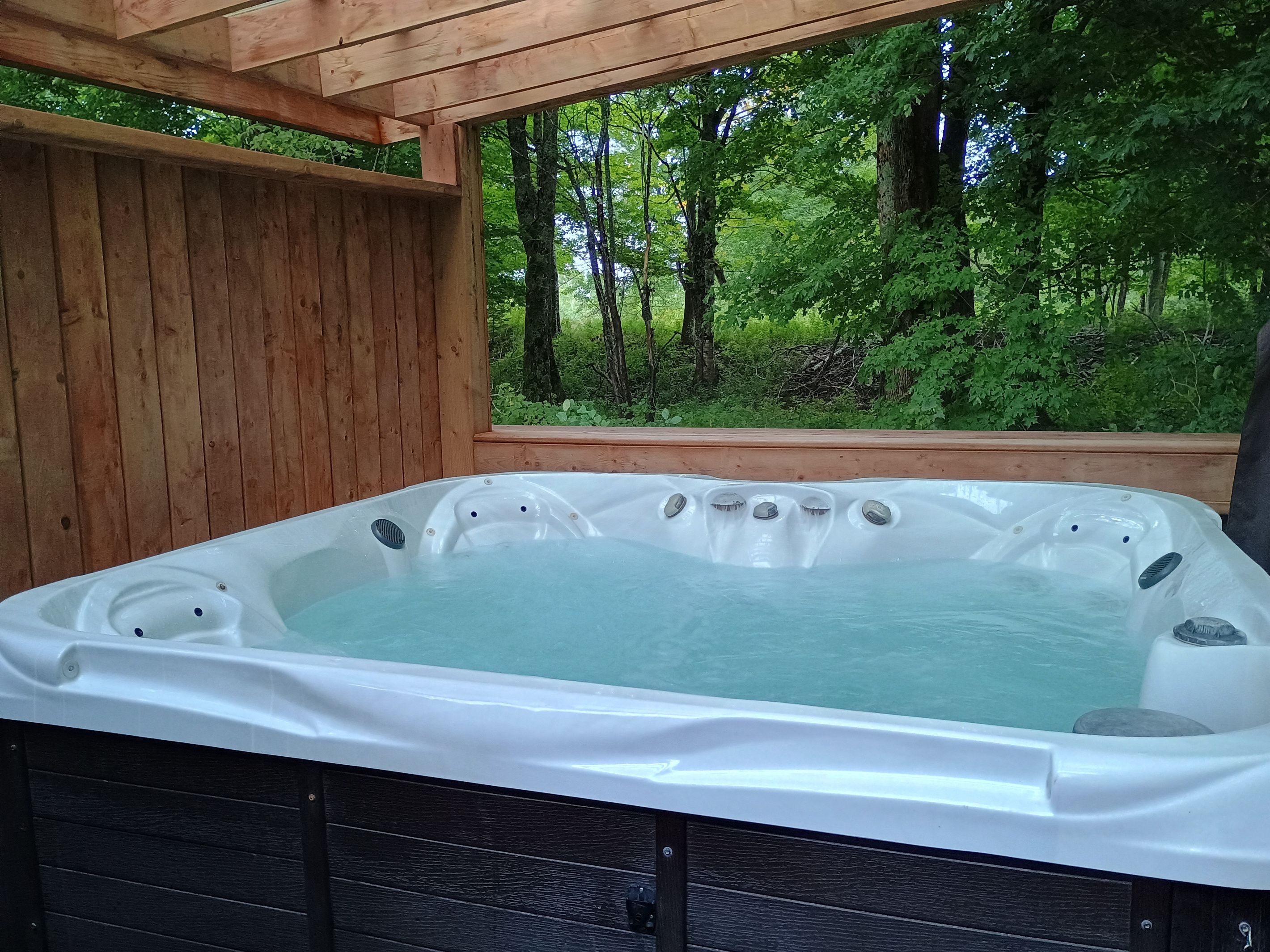 A hot tub with a wooden exterior and a view of a forested area.