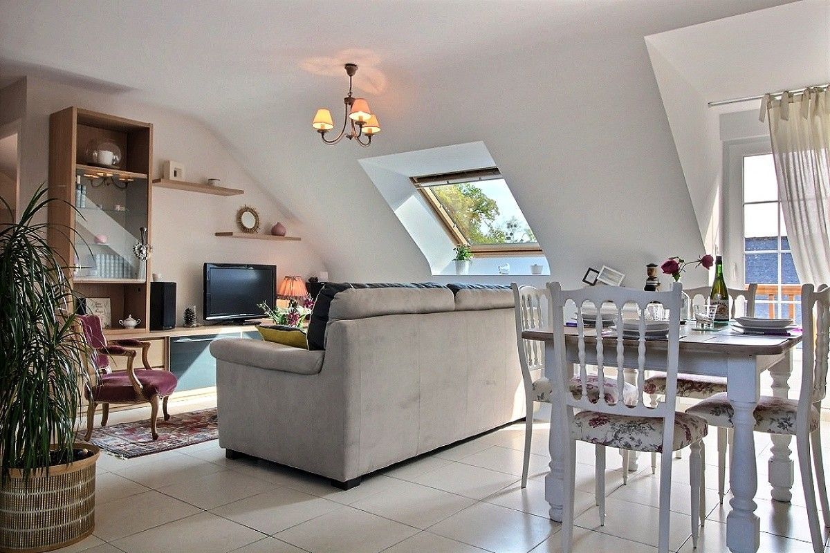 Un salon comprenant un canapé, une table à manger avec des chaises, un téléviseur et un lustre.