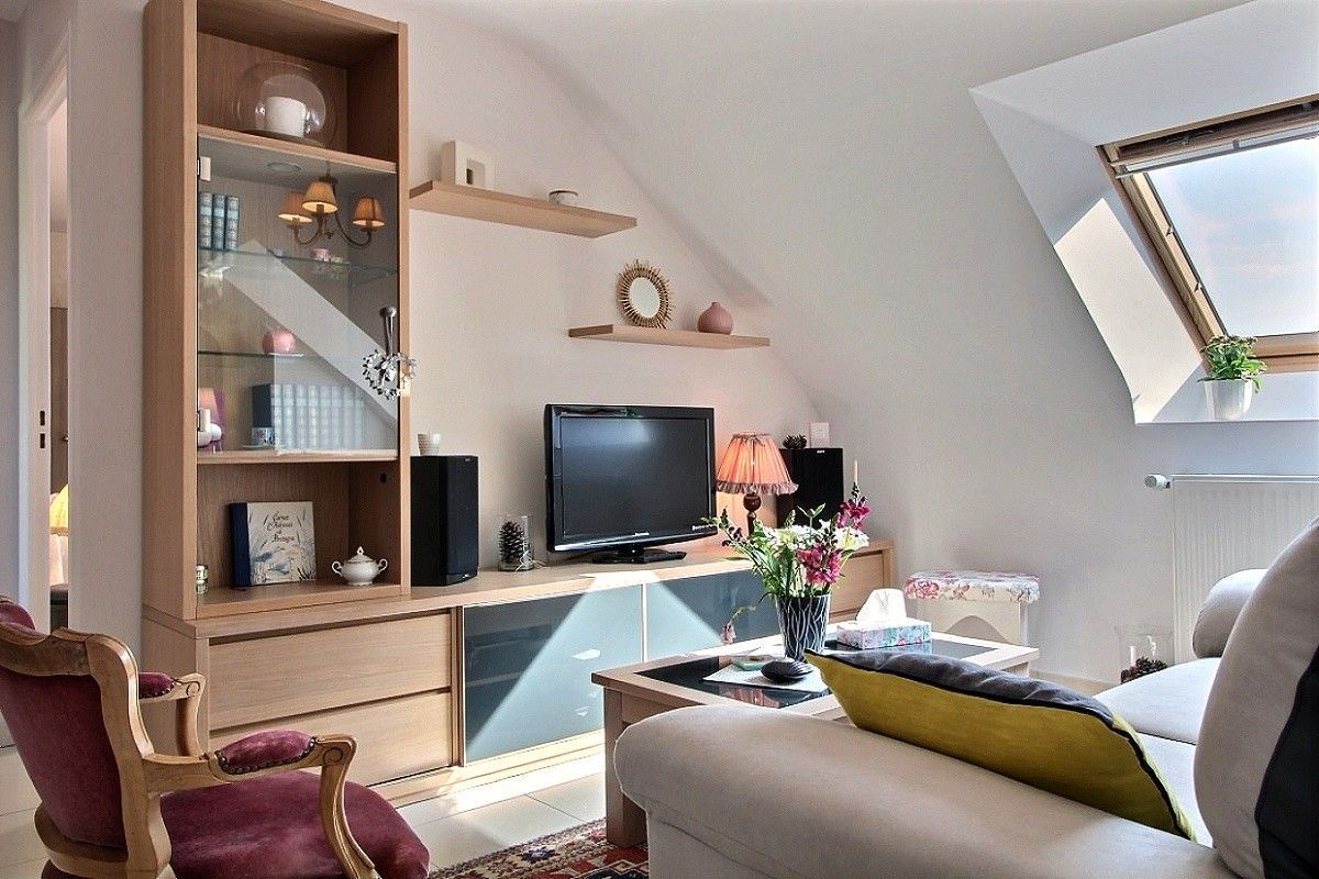Een moderne woonkamer met een televisie, boekenkasten, een bank en een dakraam.