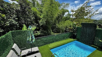 Ein Schwimmbecken mit klarer, blauer Wasseroberfläche, umgeben von einem gepflegten Rasen und verschiedenen Bäumen und Sträuchern.