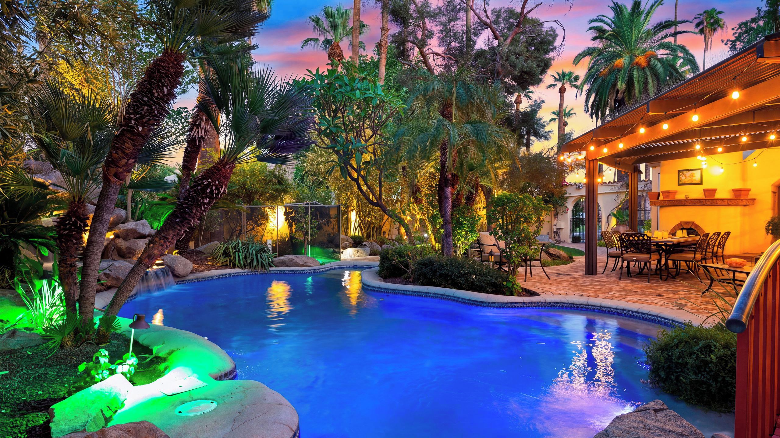 A swimming pool surrounded by tropical plants and a patio area with outdoor furniture.