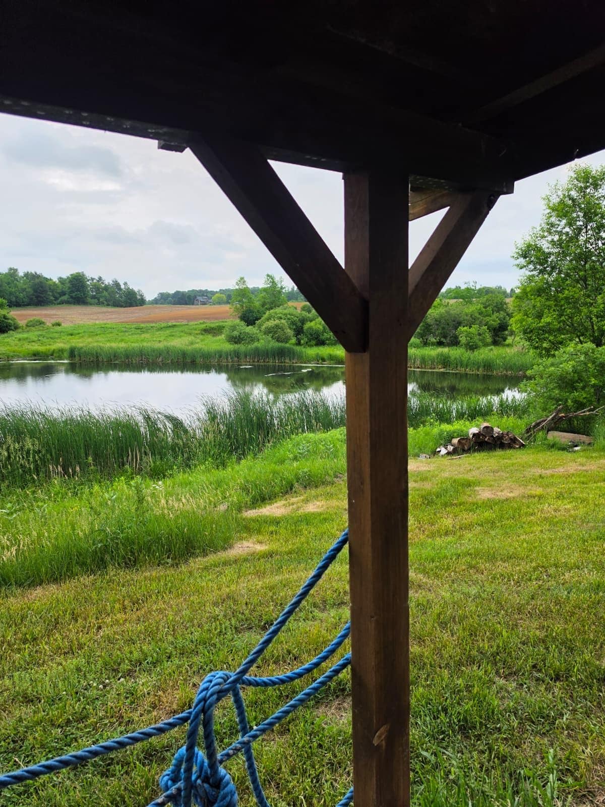 A view from under a wooden structure with a rope, overlooking a calm lake surrounded by greenery.