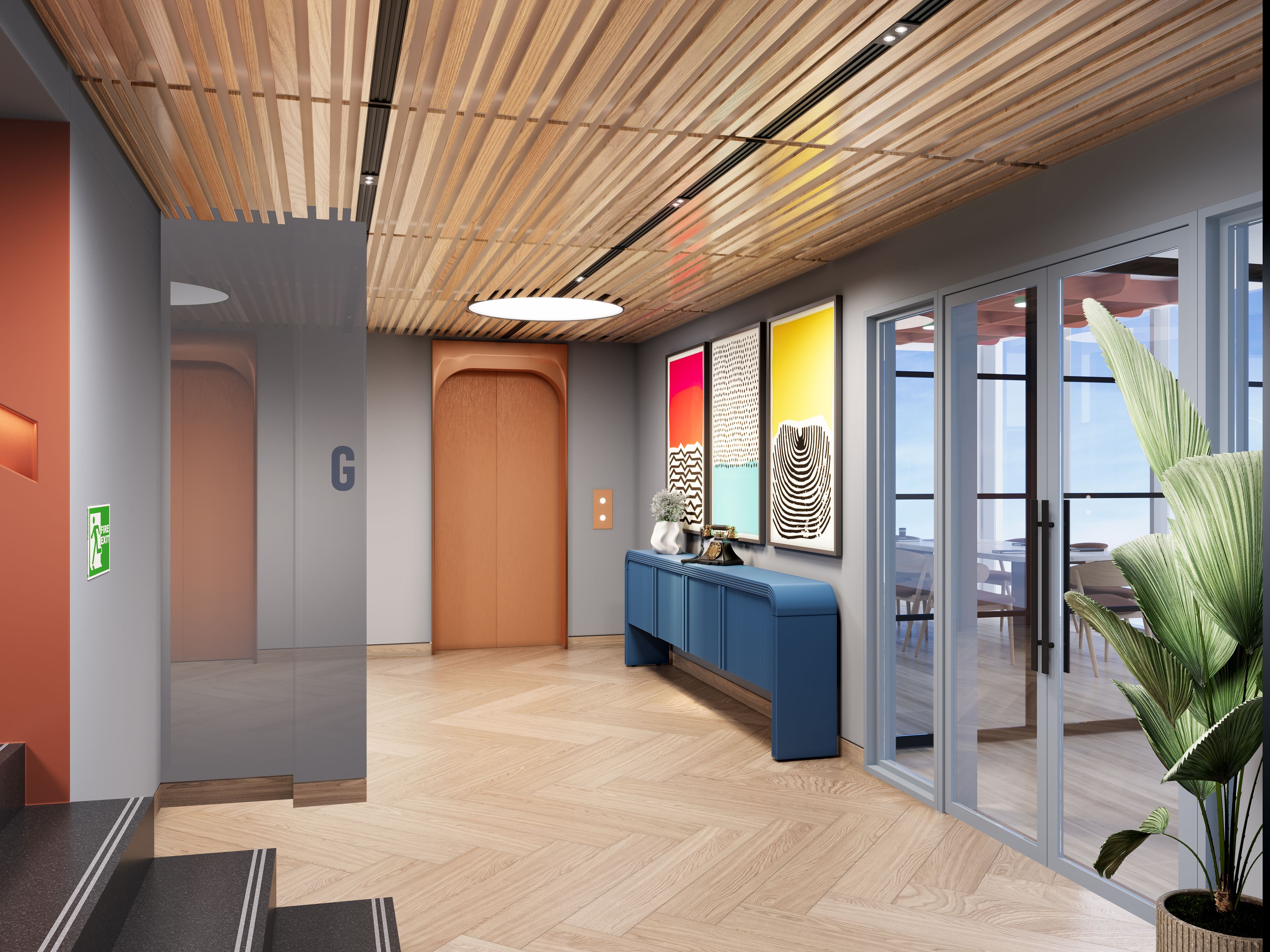 A modern reception area with a wooden ceiling, a reception desk, a plant, and a glass door leading to a seating area.