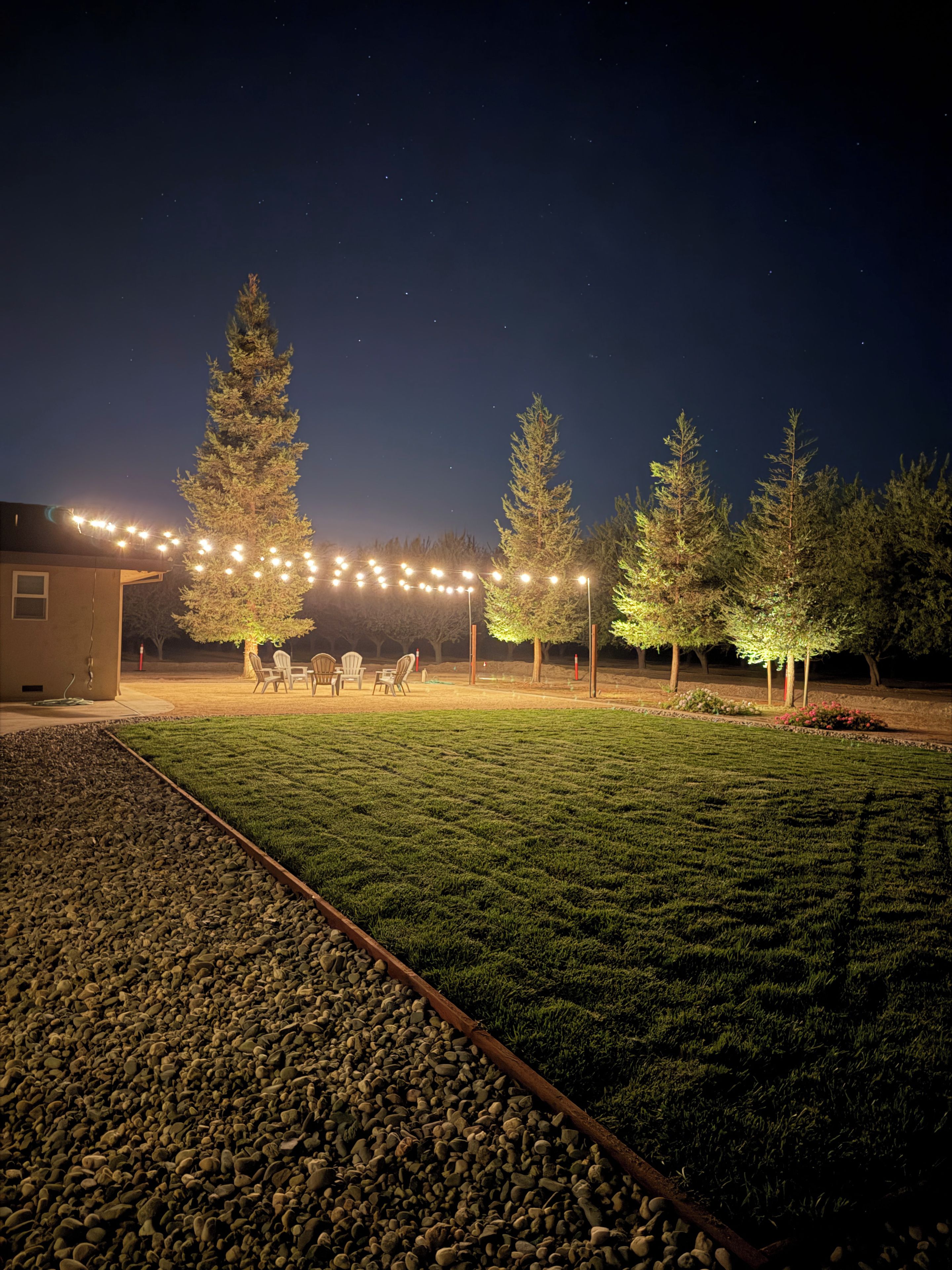 A nighttime outdoor area with string lights, a grassy lawn, and trees.