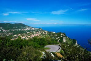 Une ville côtière avec une route sinueuse, une végétation luxuriante et un ciel bleu azur.