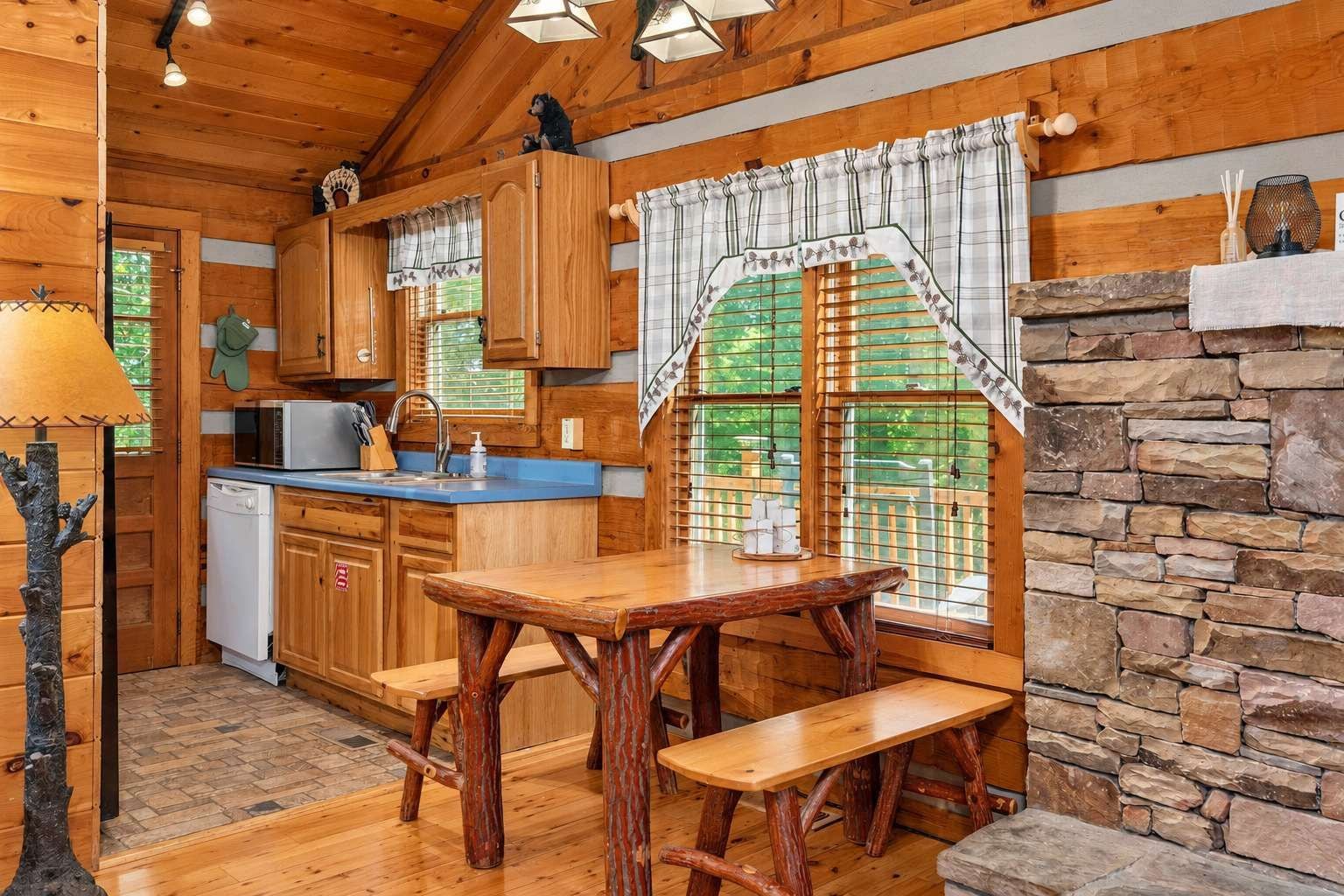 Dining table and kitchen area