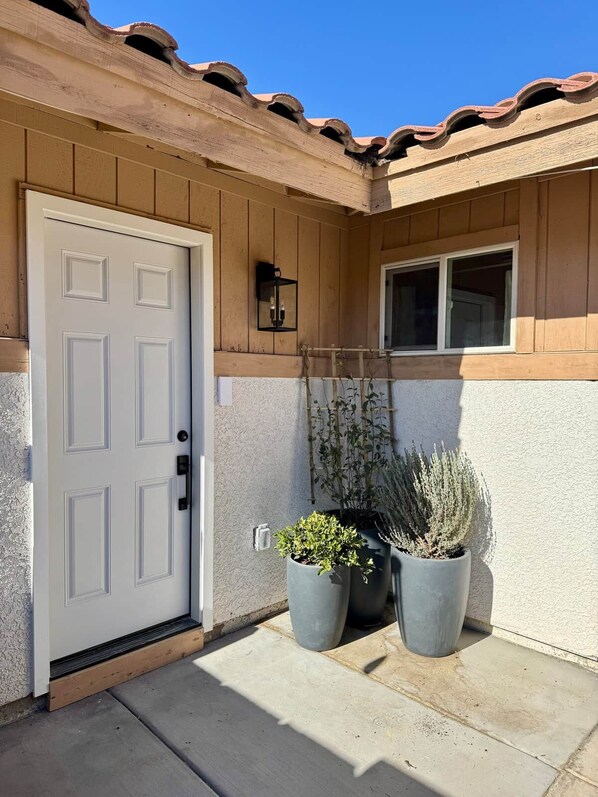 A house with a white door, a window, and two potted plants.