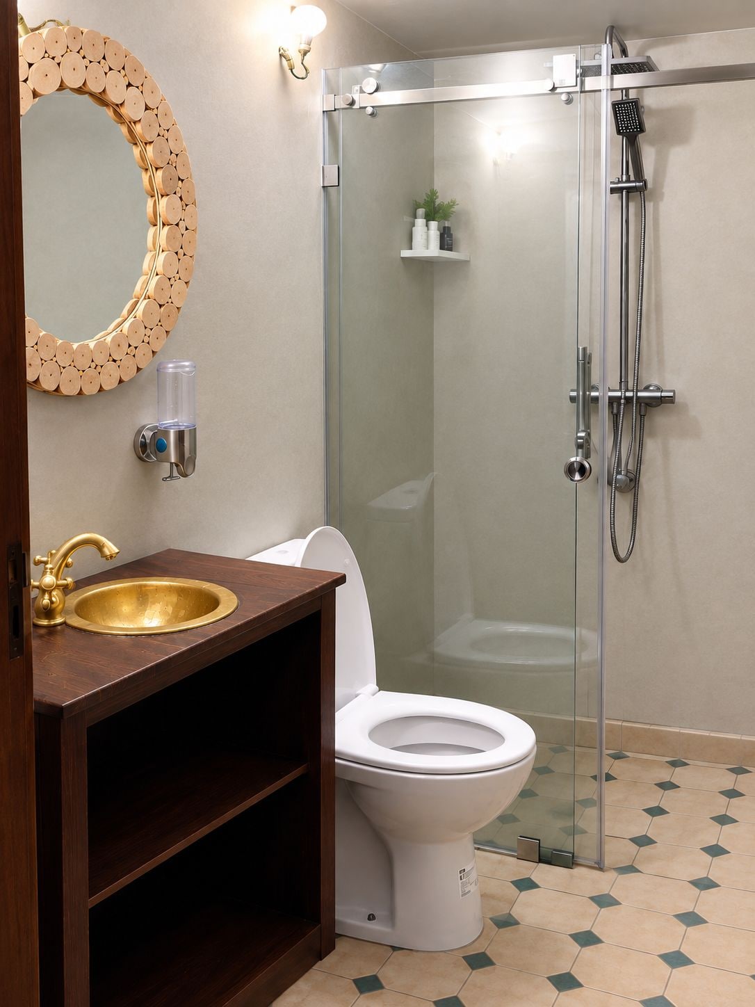 Un baño con lavamanos dorado, inodoro blanco y cabina de ducha con mampara de vidrio.