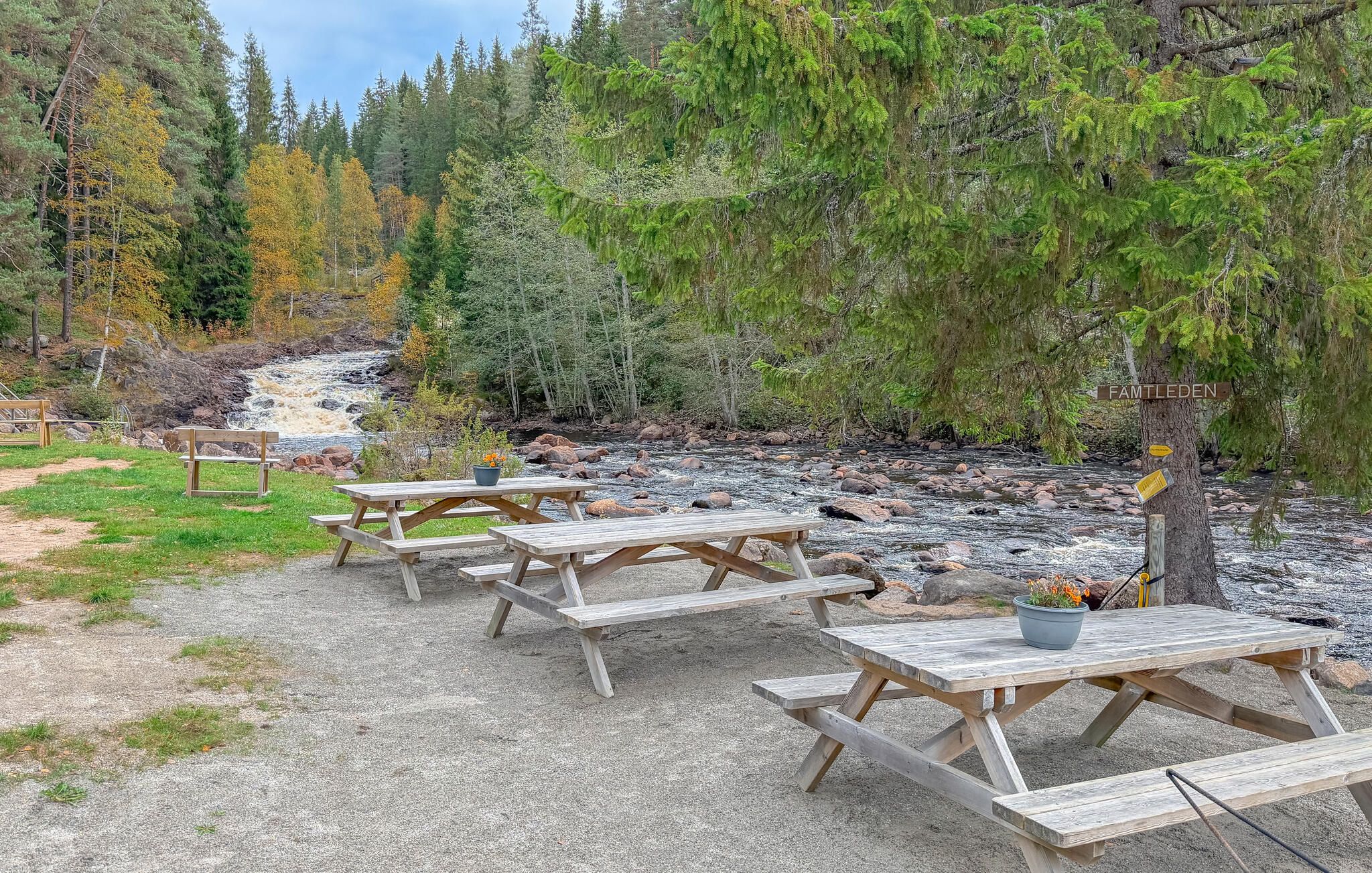 A picnic area with wooden benches and tables, a river in the background, and a sign indicating 'FAMTLEDEN'.