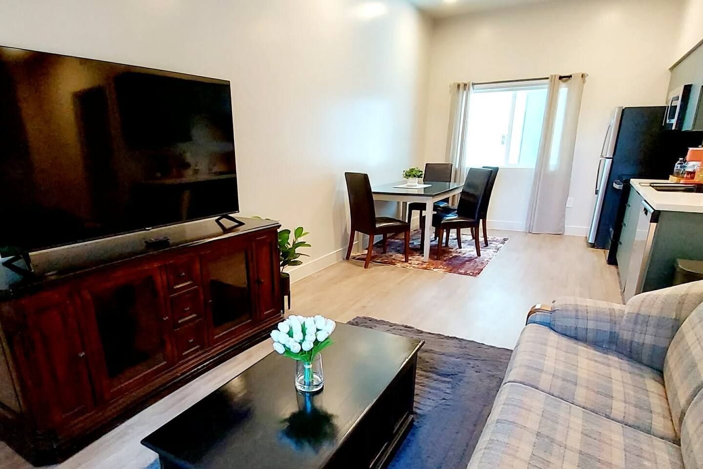 A living room with a TV, a dining area with chairs, a sofa, and a kitchen area with a fridge.