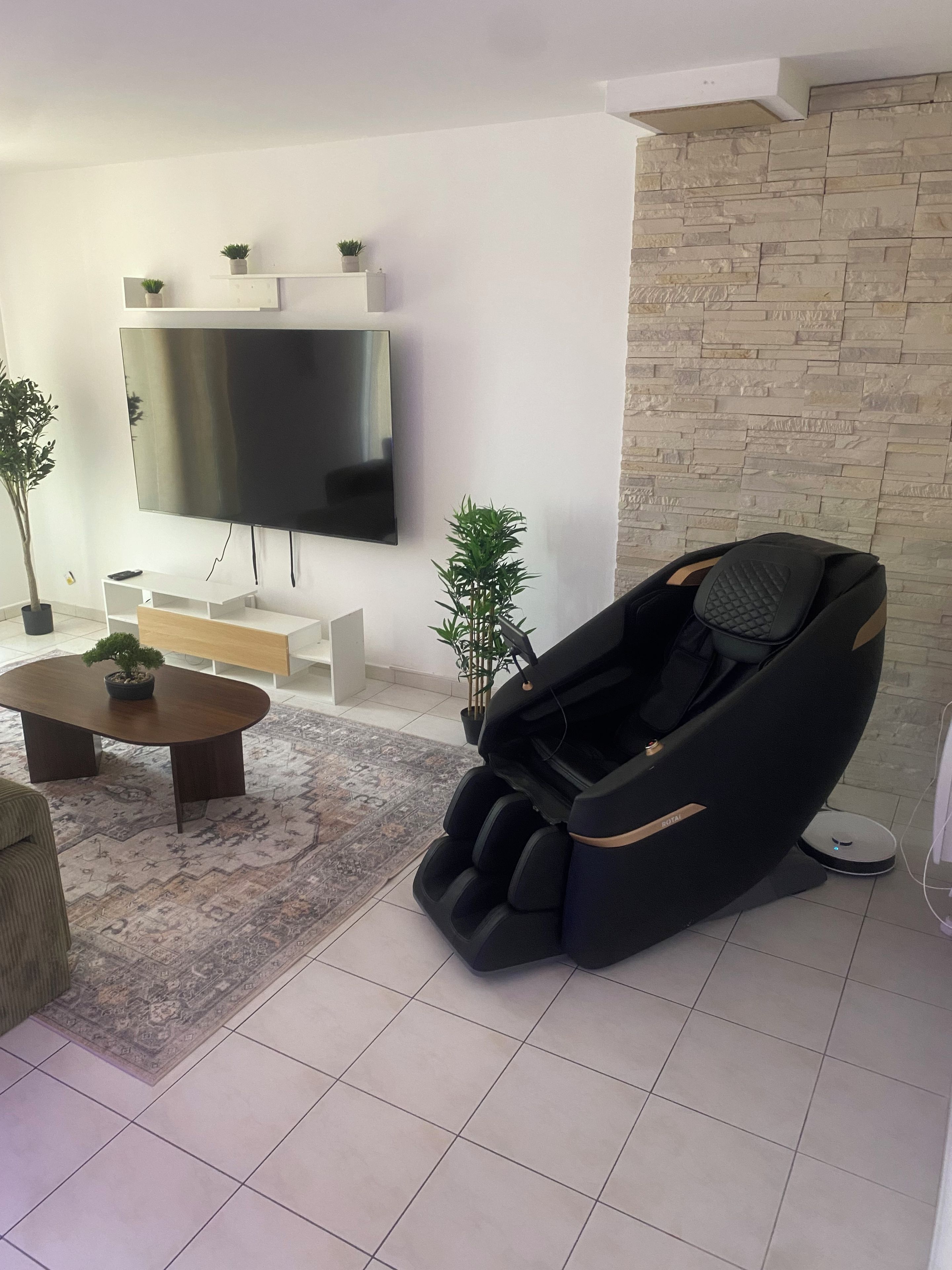 Uma sala de estar moderna com televisão de tela plana, poltrona de massagem, mesa de centro com planta e tapete estampado.