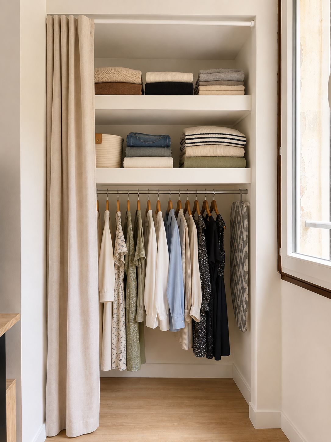 Un vestidor amplio con repisas para ropa doblada y un perchero para prendas colgadas.