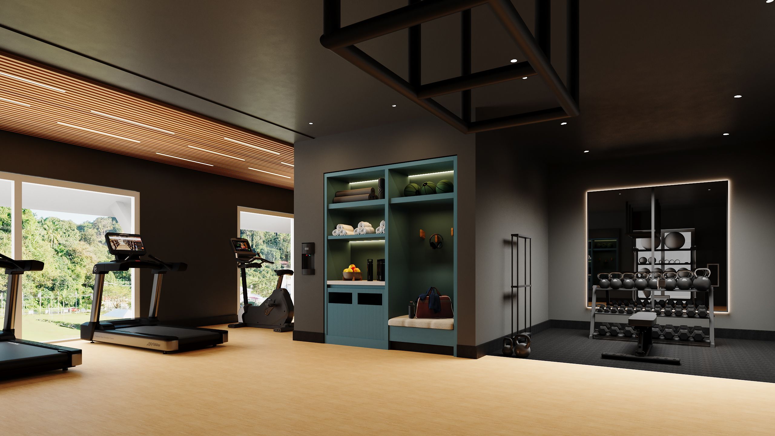 A modern gym with exercise equipment, a wall-mounted rack with kettlebells, and a view of greenery outside.