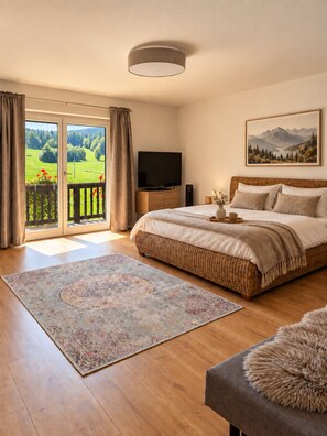 A bedroom with a bed, a television, a large window with a view of a green landscape, and a ceiling light. - Picturesque vacation rental in the Tegernsee Valley with a sauna and garden (Waakirchen)