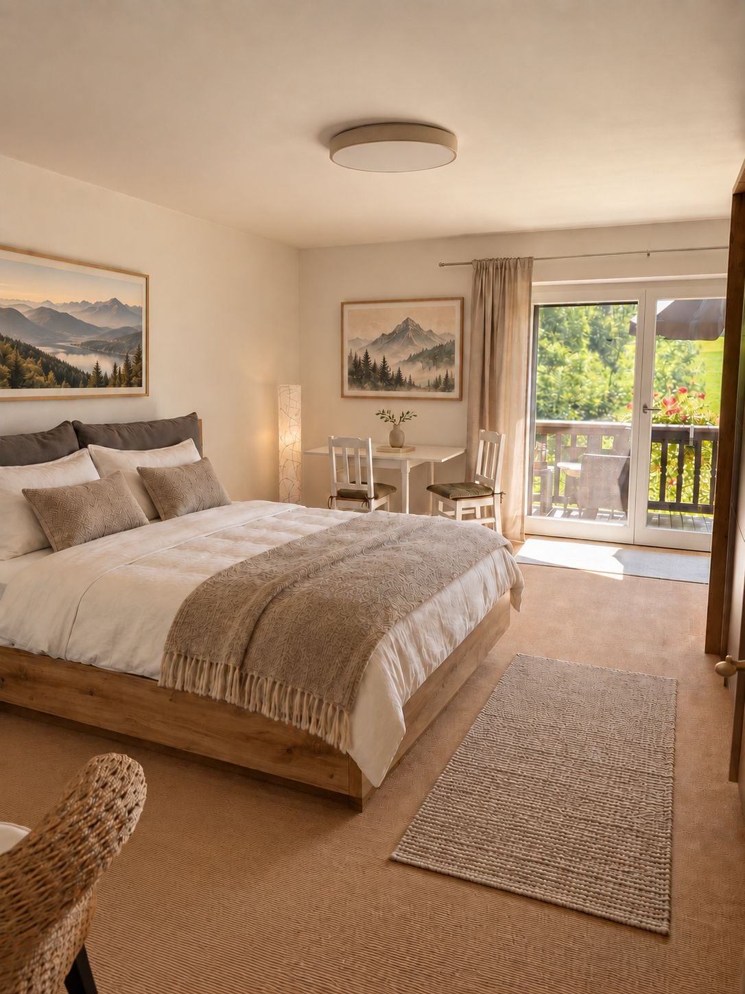 A bedroom with a large bed, a small table with chairs, a balcony with a view of greenery, and two framed pictures on the wall.