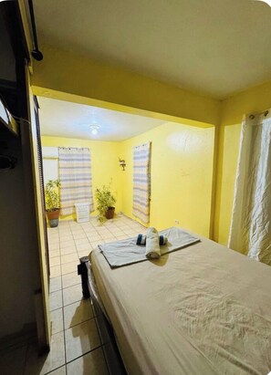 A room with a bed, a potted plant, a curtain, and a tiled floor. - Huesca House next to Airport (San Juan)