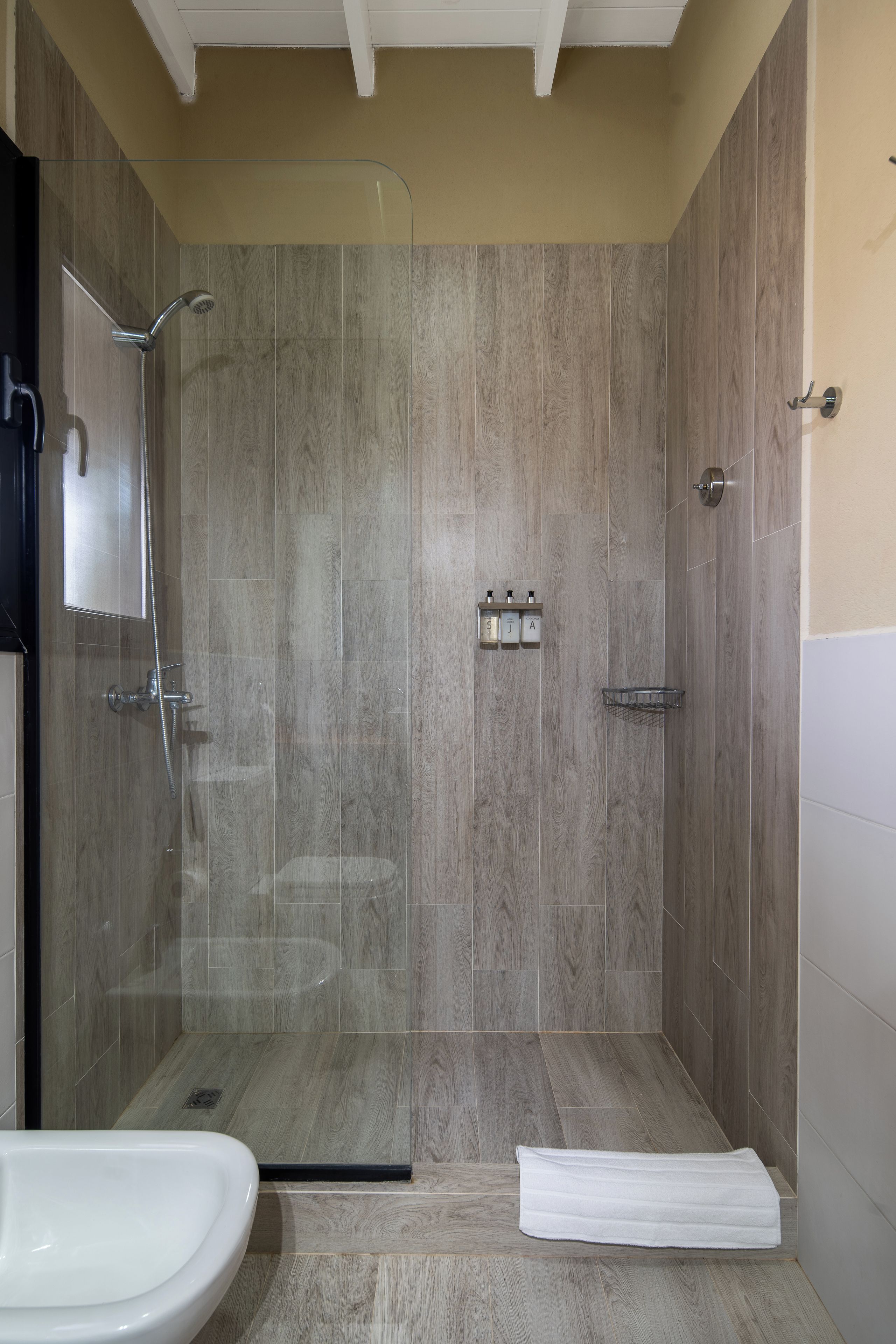Een moderne badkamer met een douchecabine van glas, een toilet en een wastafel.