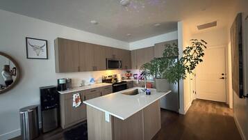 A modern kitchen with a central island, stainless steel appliances, and a large potted plant.