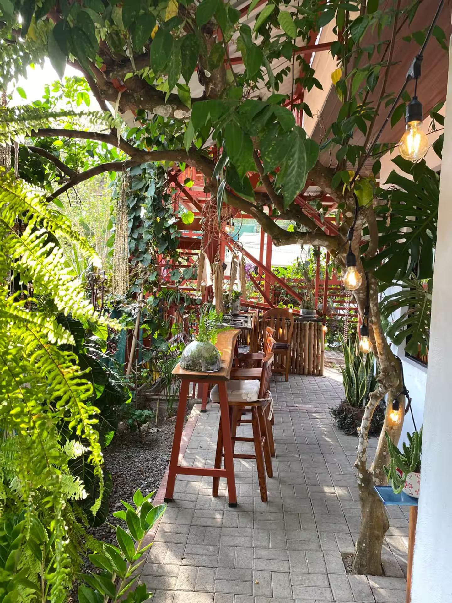 An outdoor patio area with a wooden table and chairs, surrounded by lush greenery and a red trellis structure.