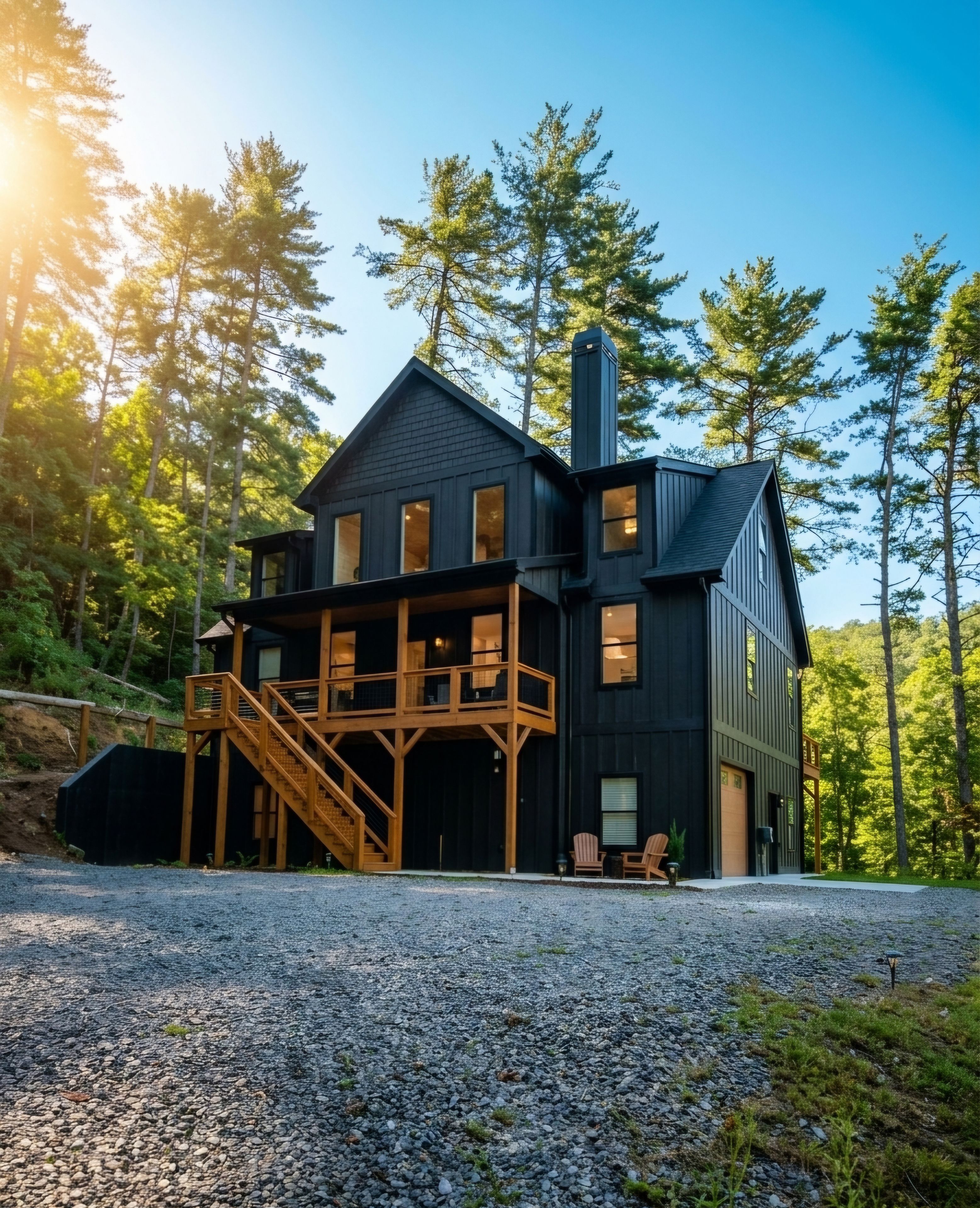 A two-story wooden house with a balcony, a chimney, and a gravel driveway.