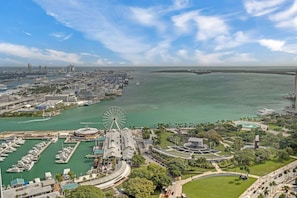 A coastal cityscape with a prominent Ferris wheel, marina, and modern buildings. - High-Floor Studio| Rooftop Pool + Beach Club | Downtown Miami (Miami)