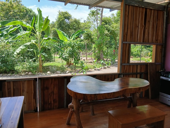 A wooden bench in a room with a view of a garden.