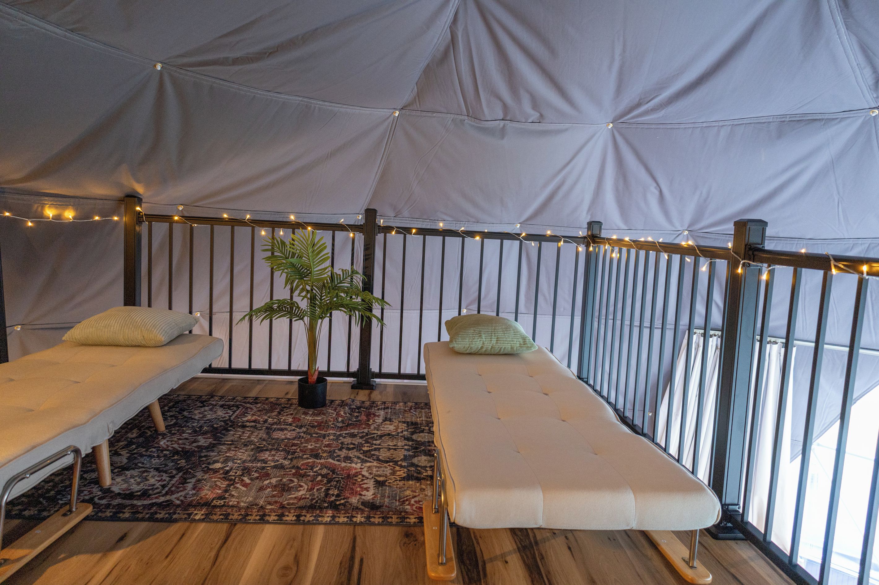 Una habitación con carpa, dos camas, un tapete estampado, una planta en maceta y luces colgantes.