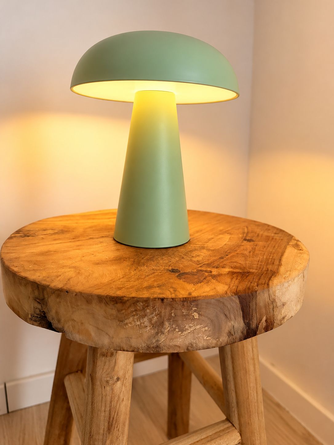 Een lamp met een groene lampenkap op een houten kruk.