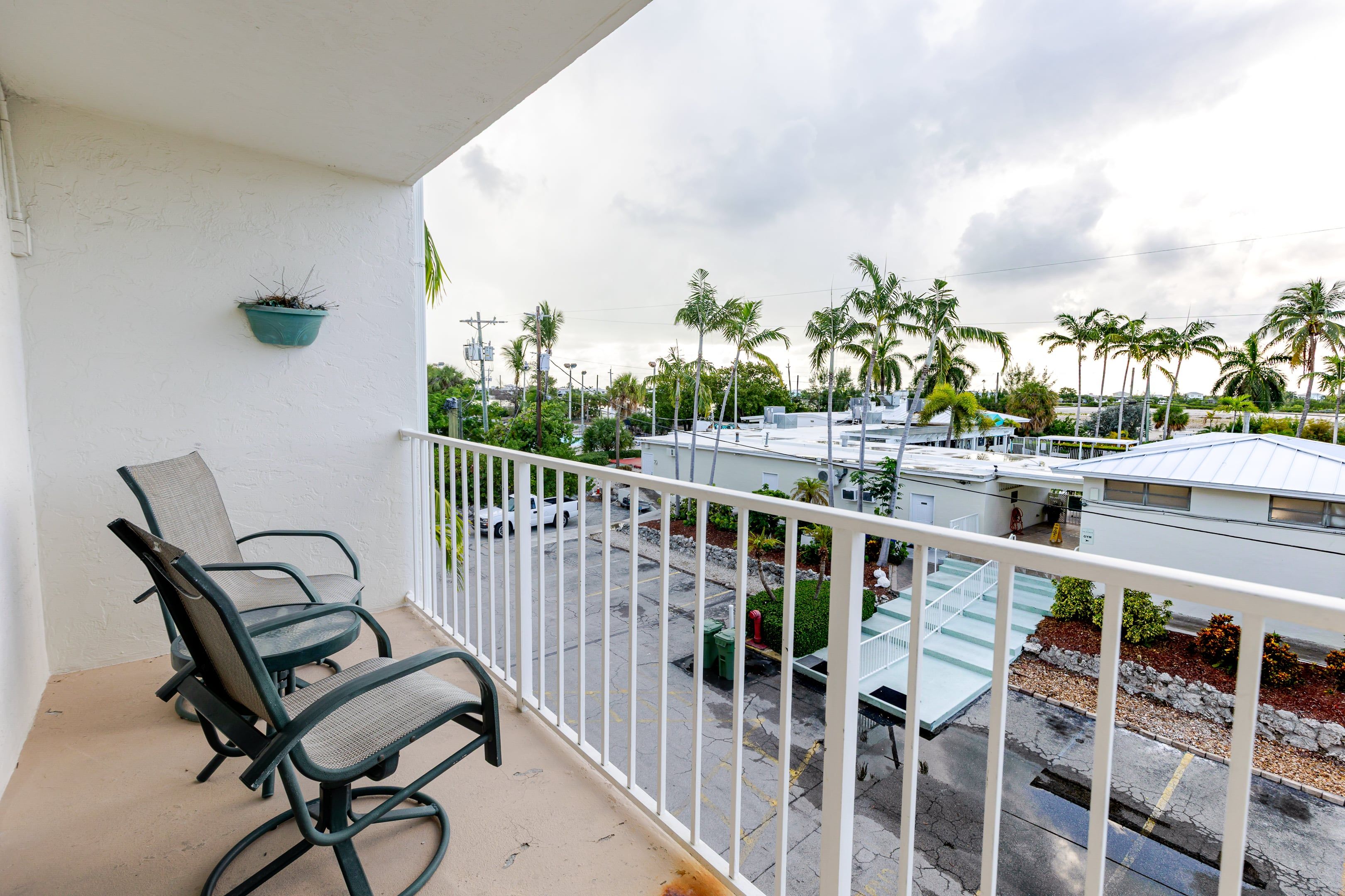 A balcony with two chairs and a potted plant, overlooking a parking area and buildings with palm trees.