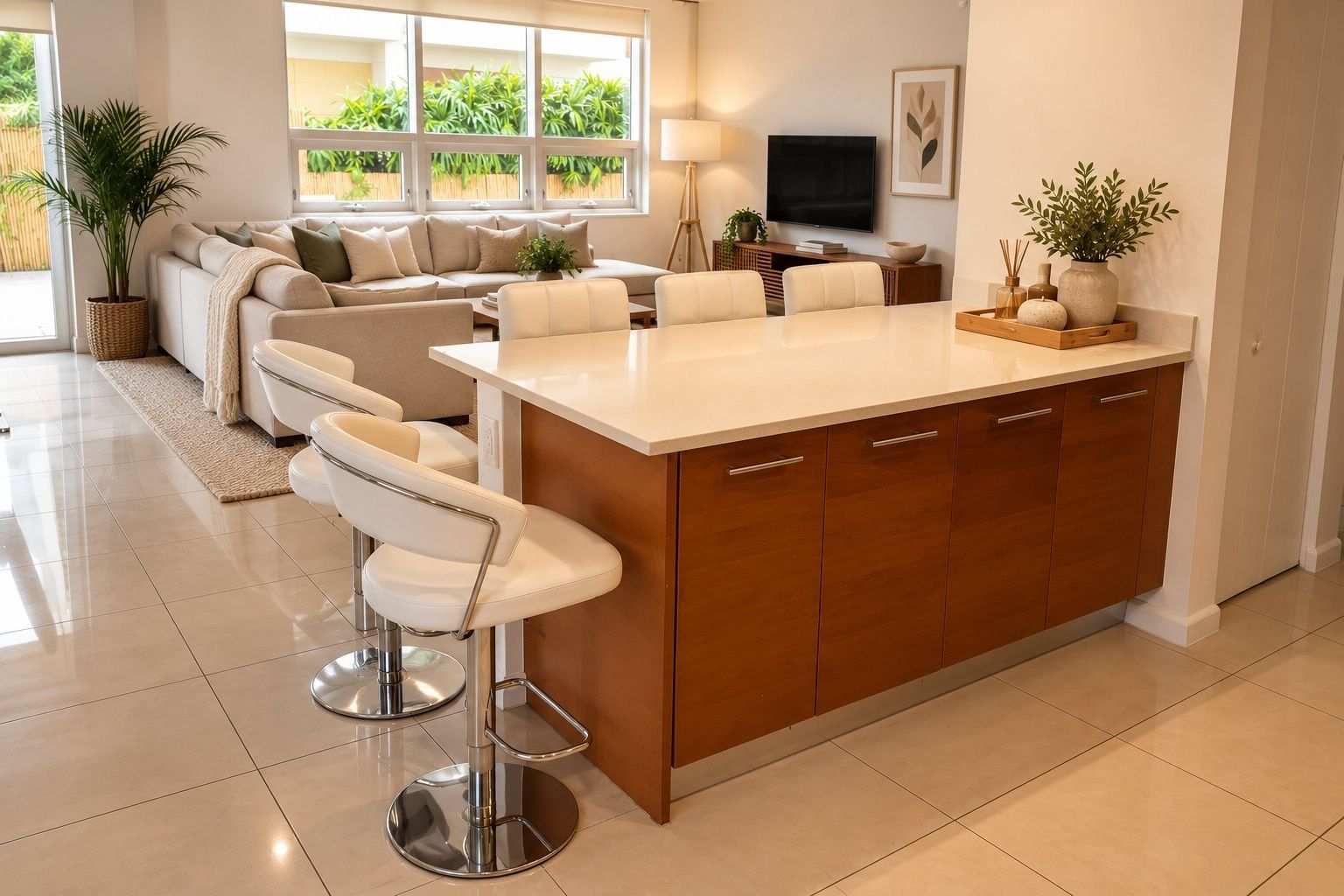 A modern kitchen with a central island, bar stools, and a dining area with a sofa and chairs.