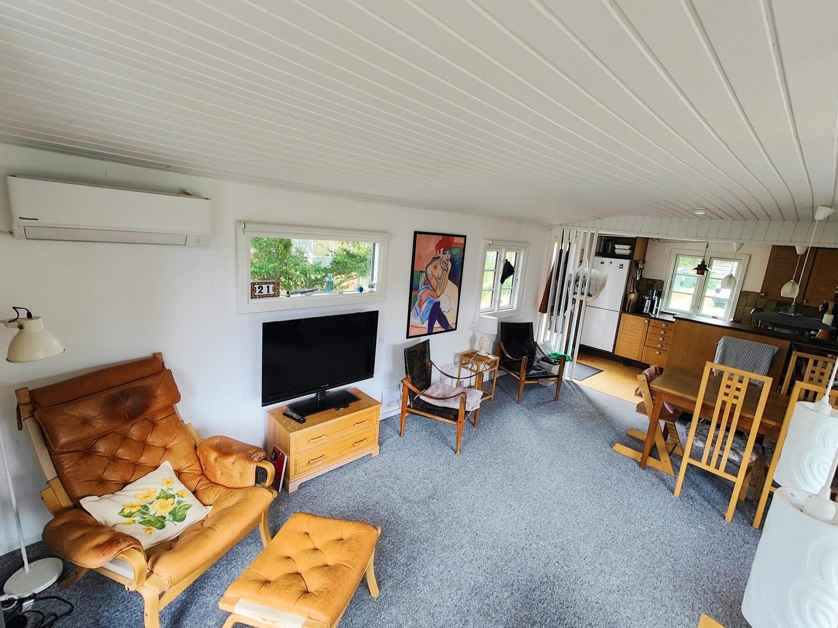 En kompakt opholdsstue med sofa, fjernsyn og et tekøkken.