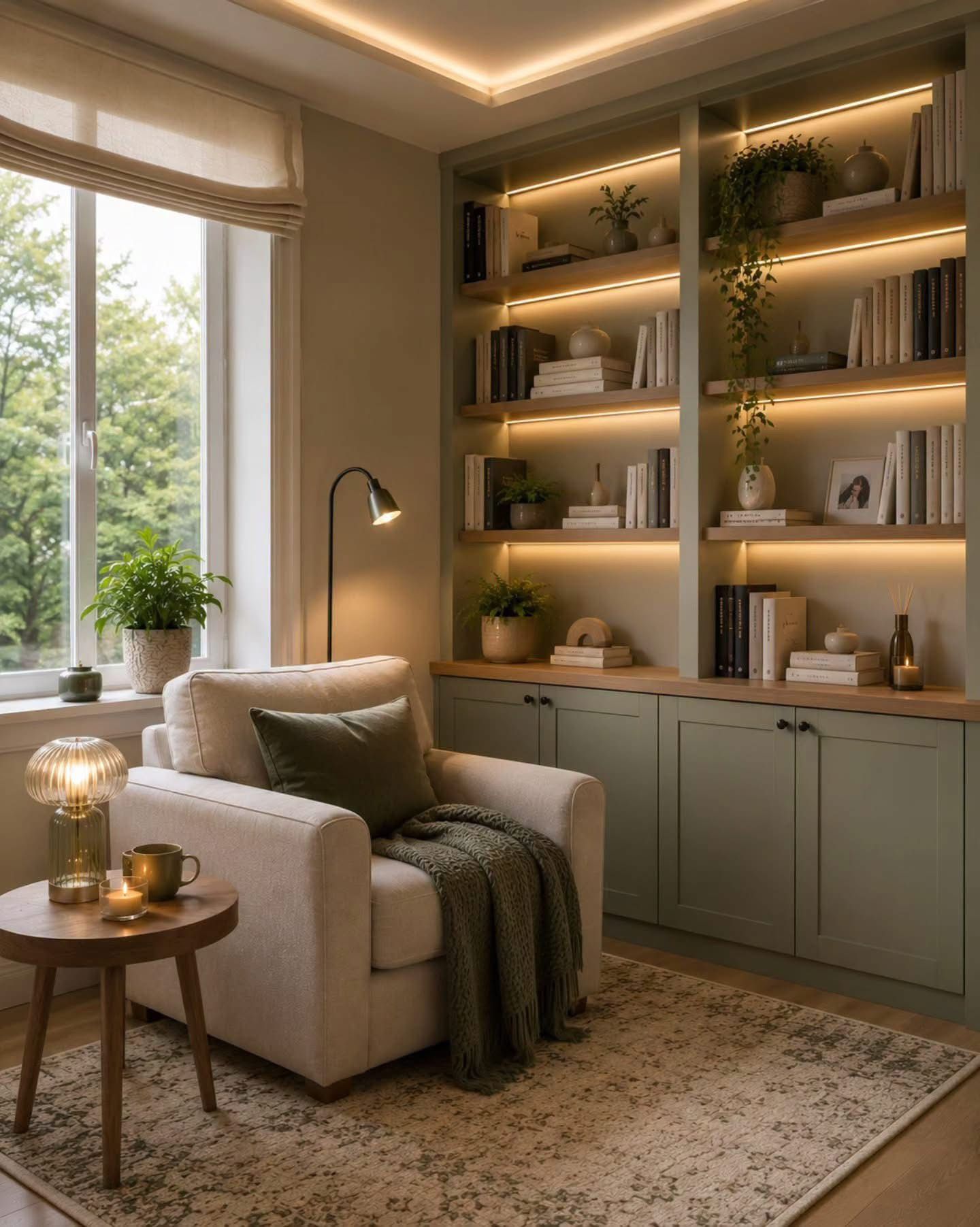 A cozy reading nook with a sofa, a lamp, and a bookshelf filled with books and decorative items.