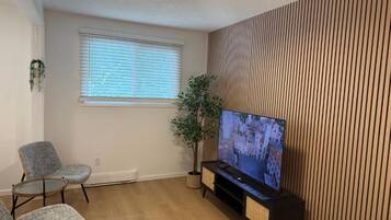 A living room with a flat-screen TV, two chairs, a potted plant, and a wooden wall panel.