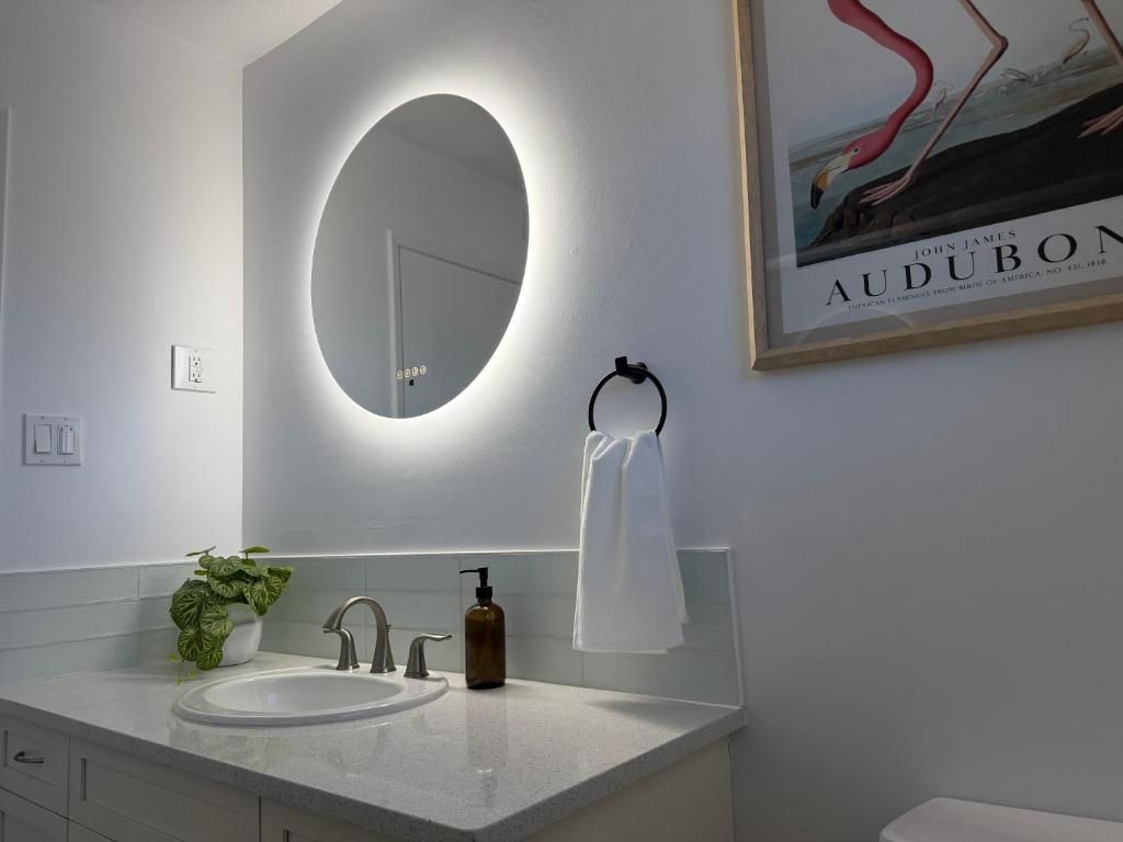 Une salle de bain moderne avec un miroir rond, un lavabo, un porte-serviettes et un tableau encadré au mur.
