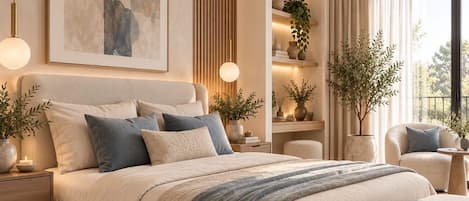 A modern bedroom with a large bed, bedside tables, a bedside lamp, a floor lamp, a large window with curtains, and a wall-mounted artwork.