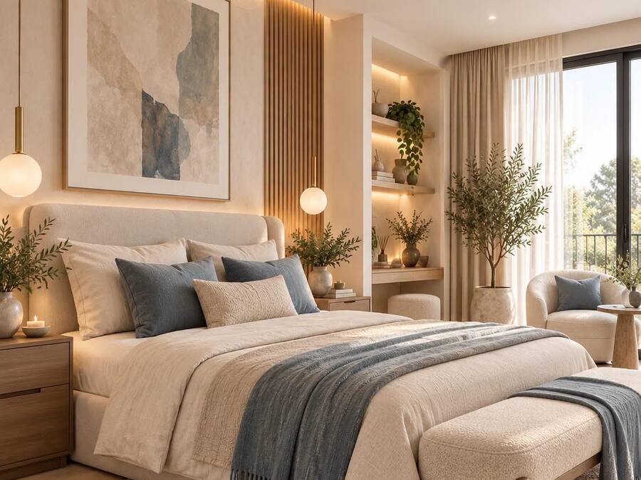 Un dormitorio moderno con una cama grande, mesitas de noche, una lámpara de noche, una lámpara de pie, un ventanal con cortinas y una obra de arte colgada en la pared.