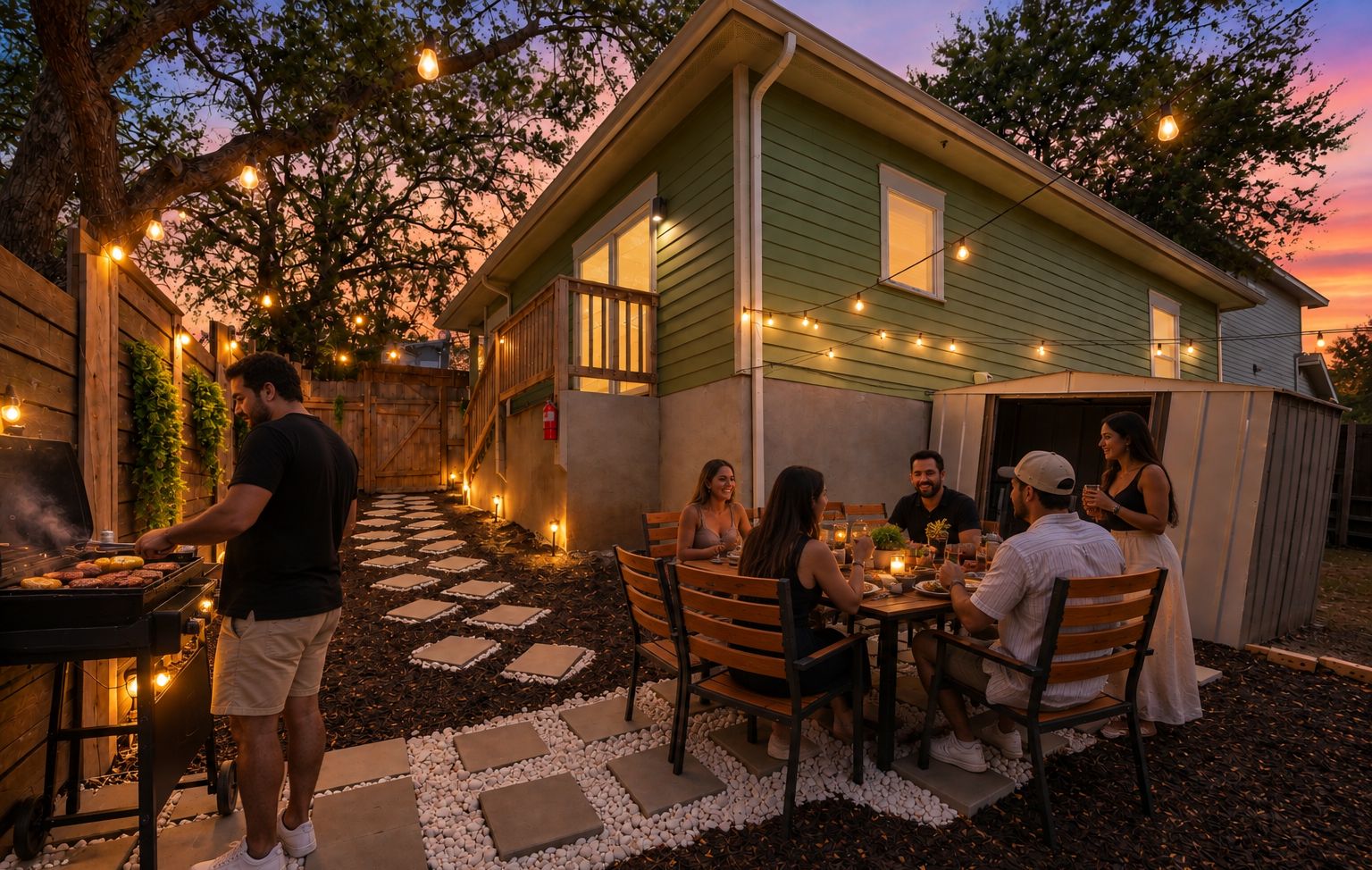 Beautiful backyard with outdoor dinning for 6, BBQ grill for outdoor grilling & game of cornhole to enjoy with friends & family