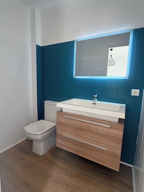 A bathroom with a toilet, a sink with a mirror above it, and wooden cabinetry. - Family home with a terrace in a quiet neighborhood in Pégomas (Pégomas)