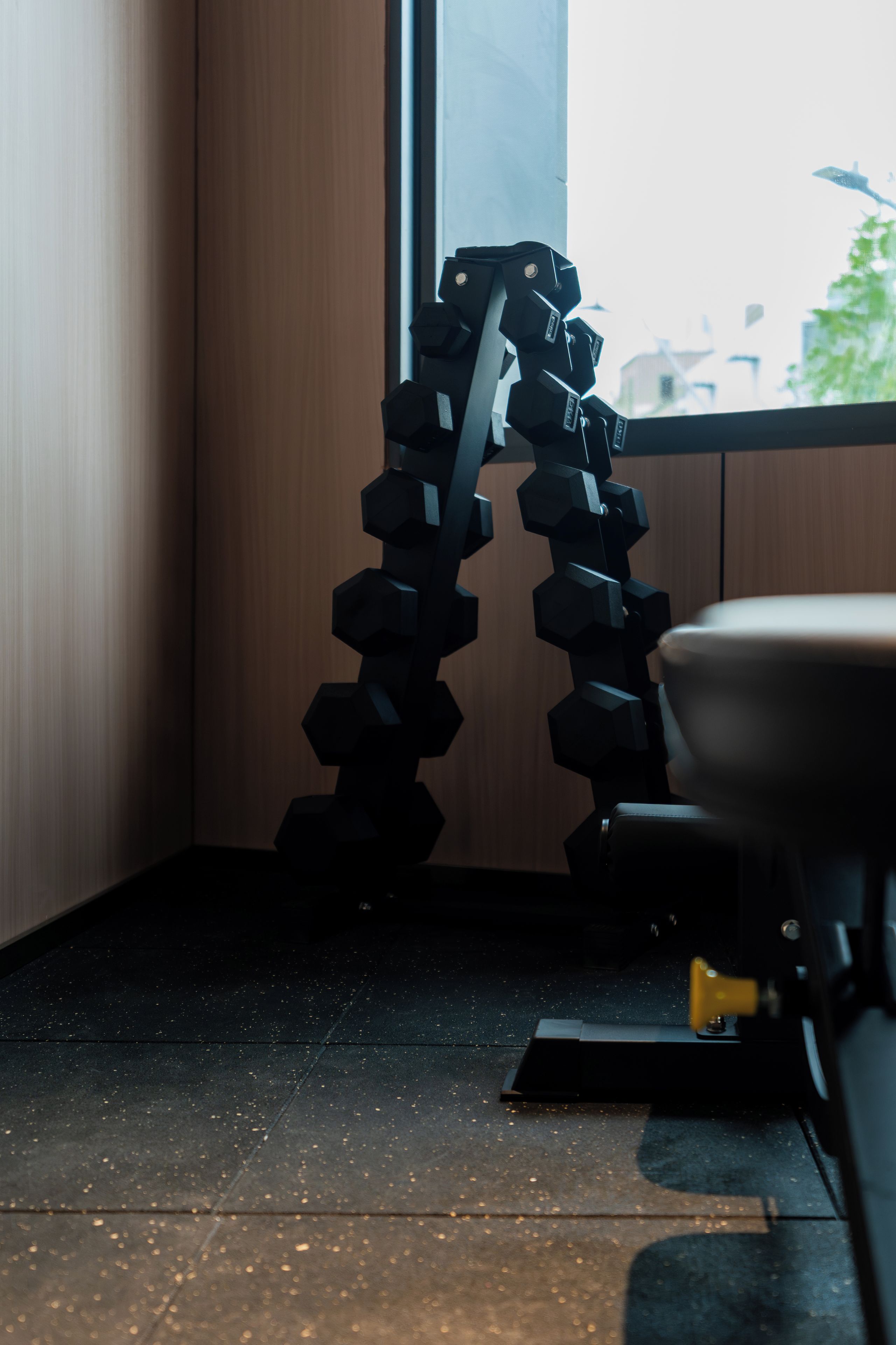 A weightlifting bench with a hexagonal dumbbell rack beside it.