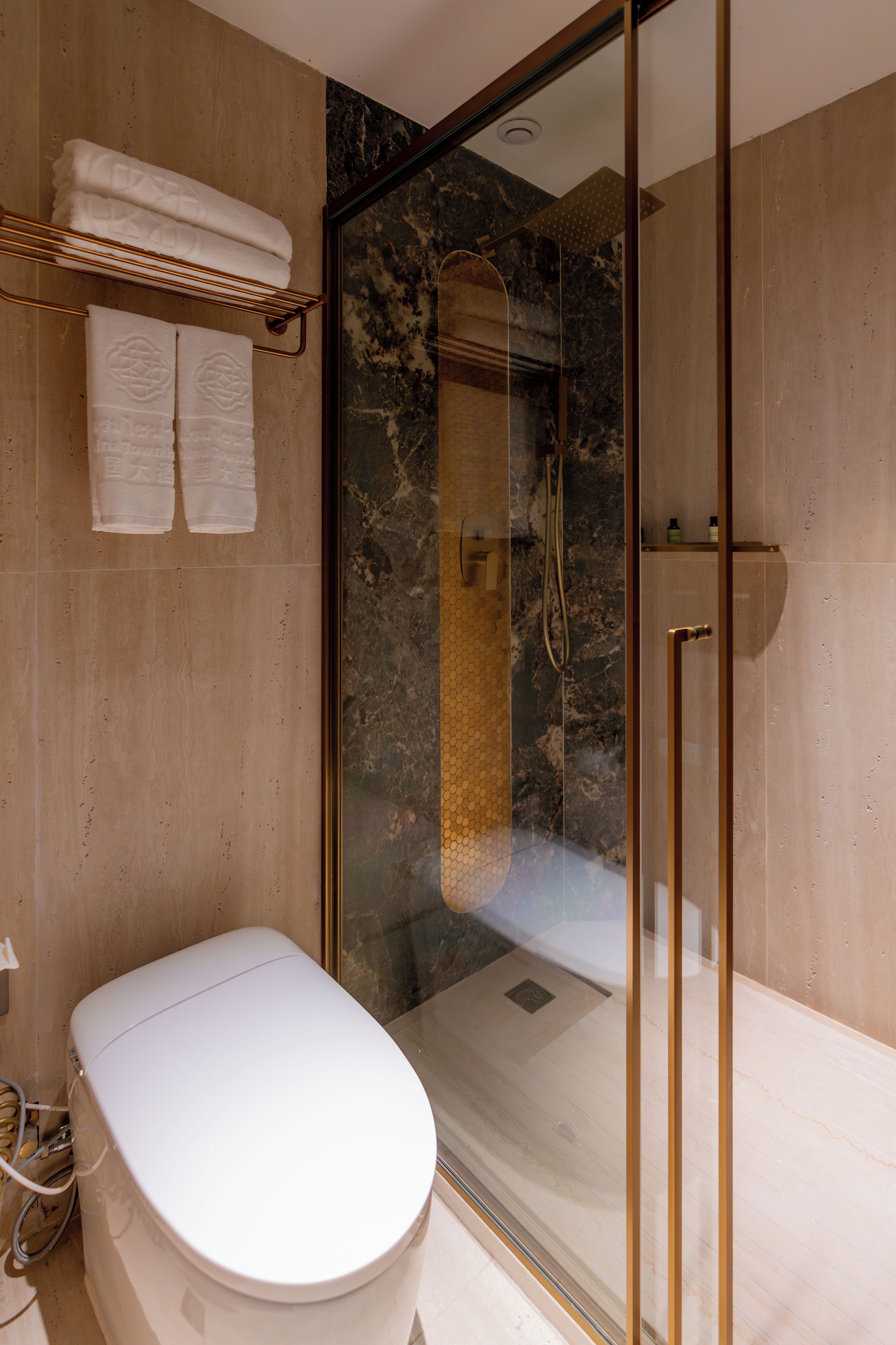 A modern bathroom with a toilet, a glass-enclosed shower, and a towel rack.