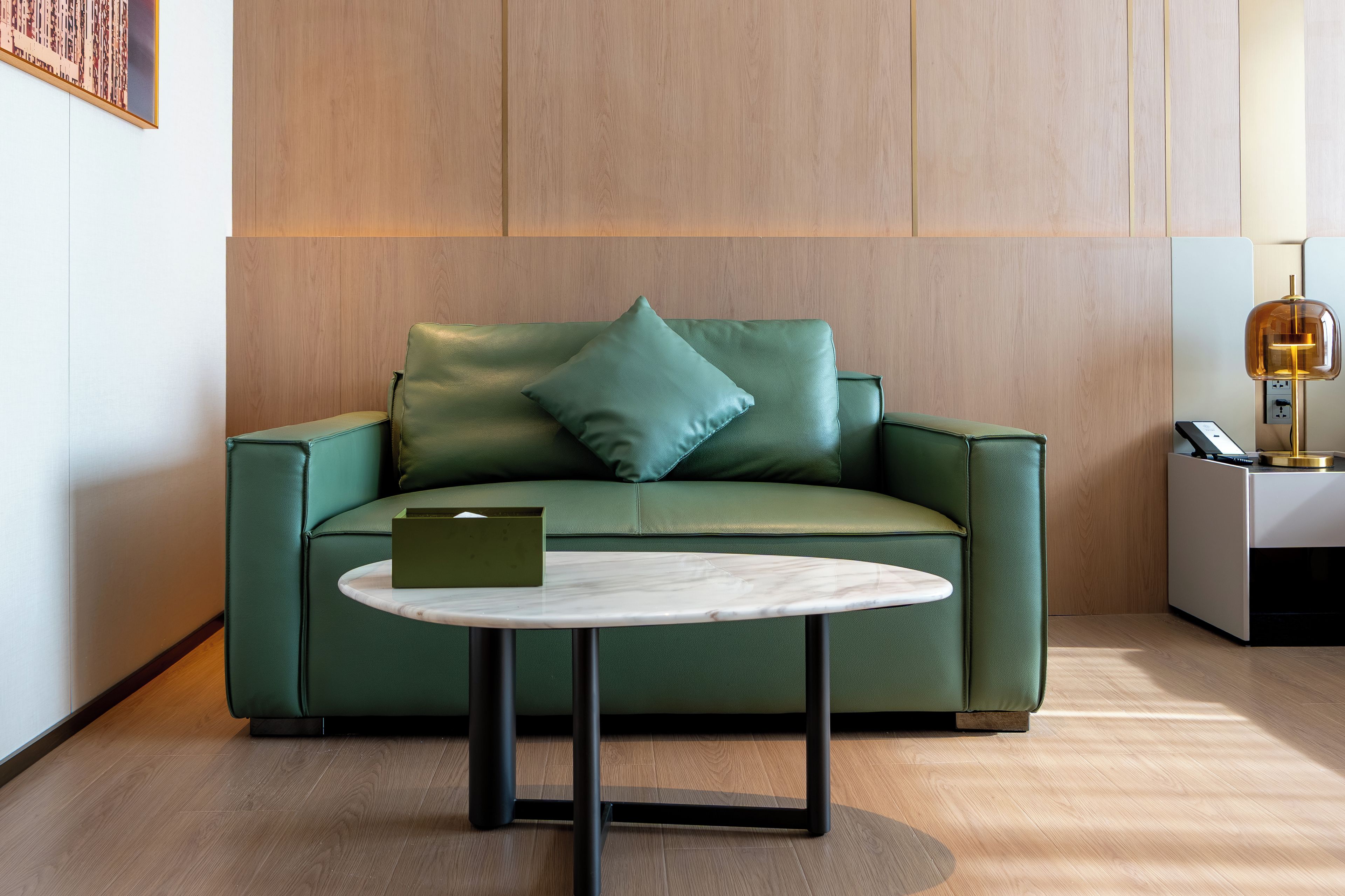 A green leather sofa with a cushion, a small round table with a book, and a lamp on a bedside table.
