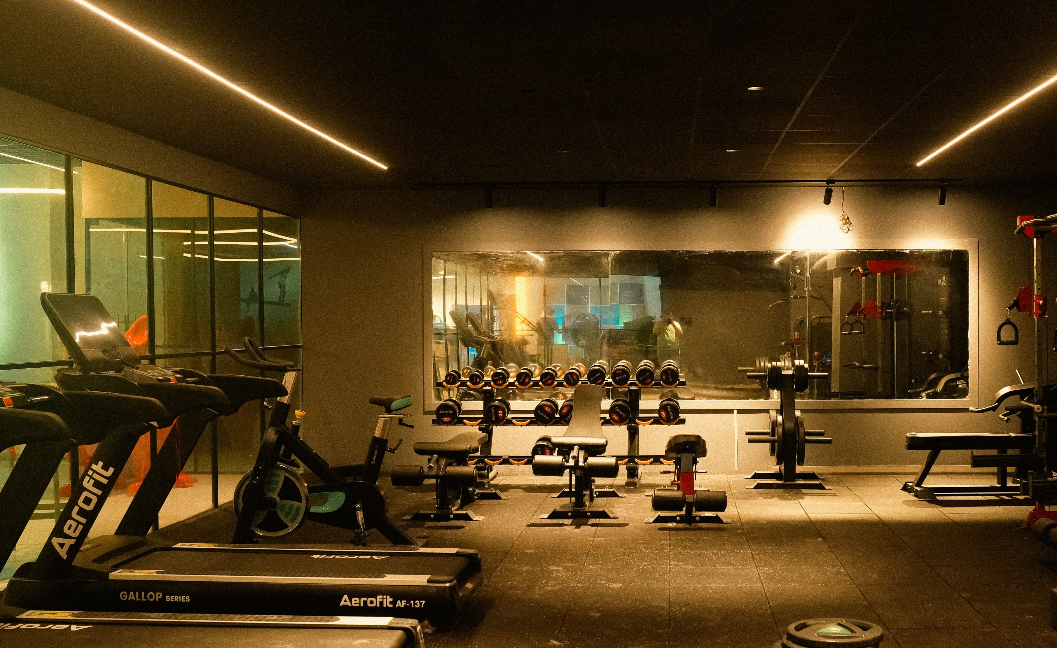 A gym with exercise equipment, including treadmills, a stationary bike, and free weights.