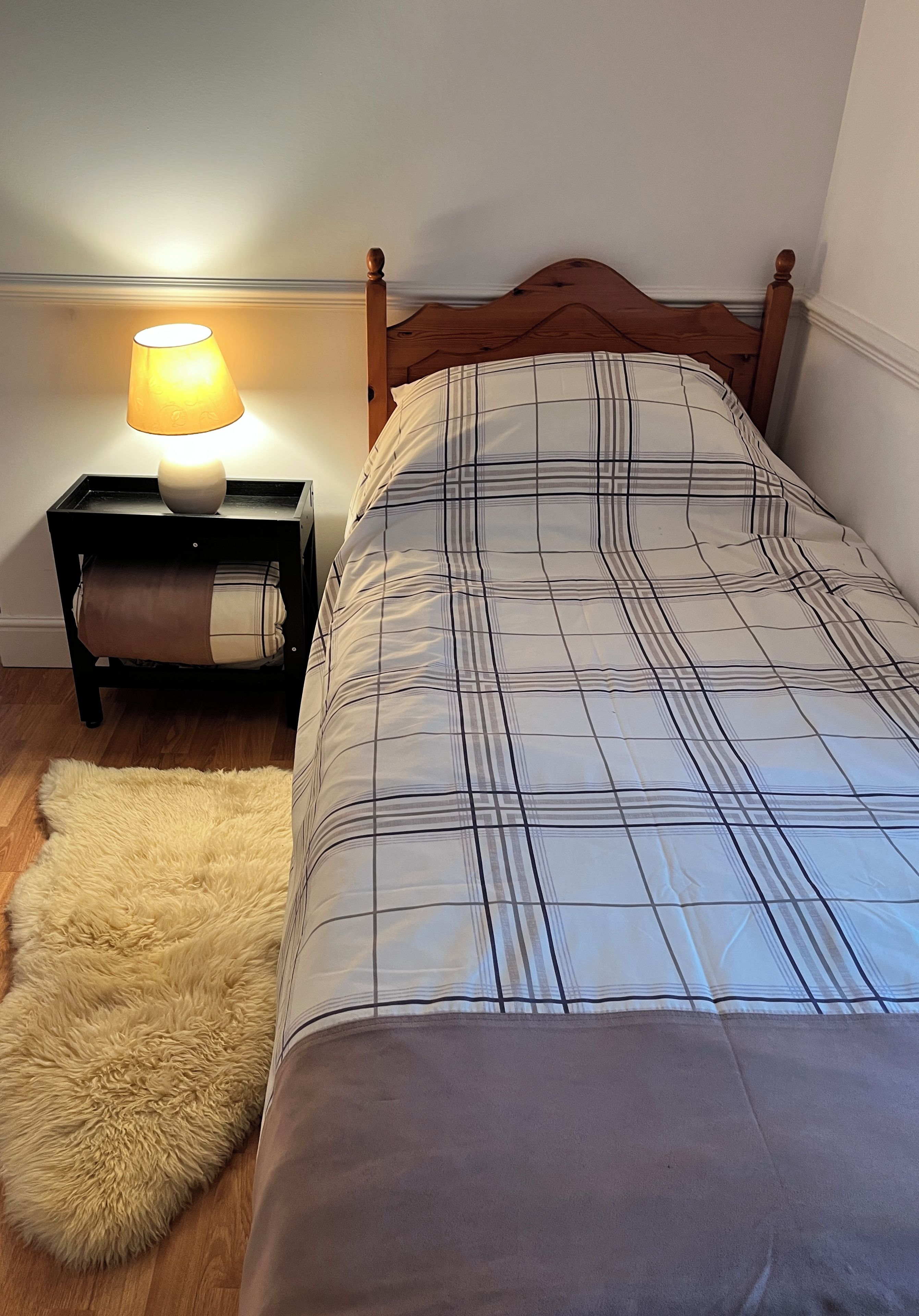A bedroom with a wooden headboard, a bed with a plaid bedspread, a bedside lamp, a fluffy rug, and a nightstand with a lamp and a tissue box.