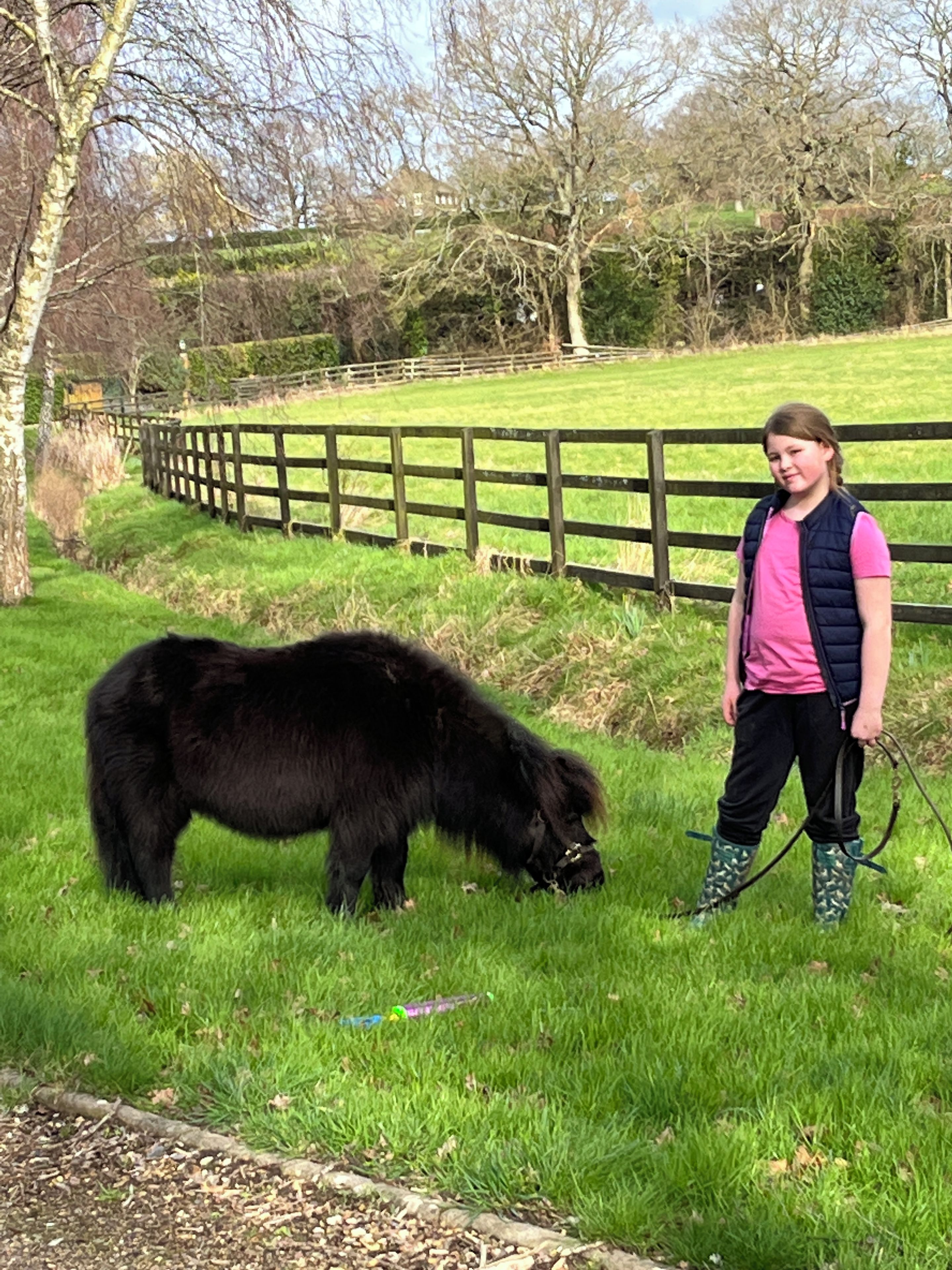 A person standing next to a black dog in a grassy area with a wooden fence in the background.