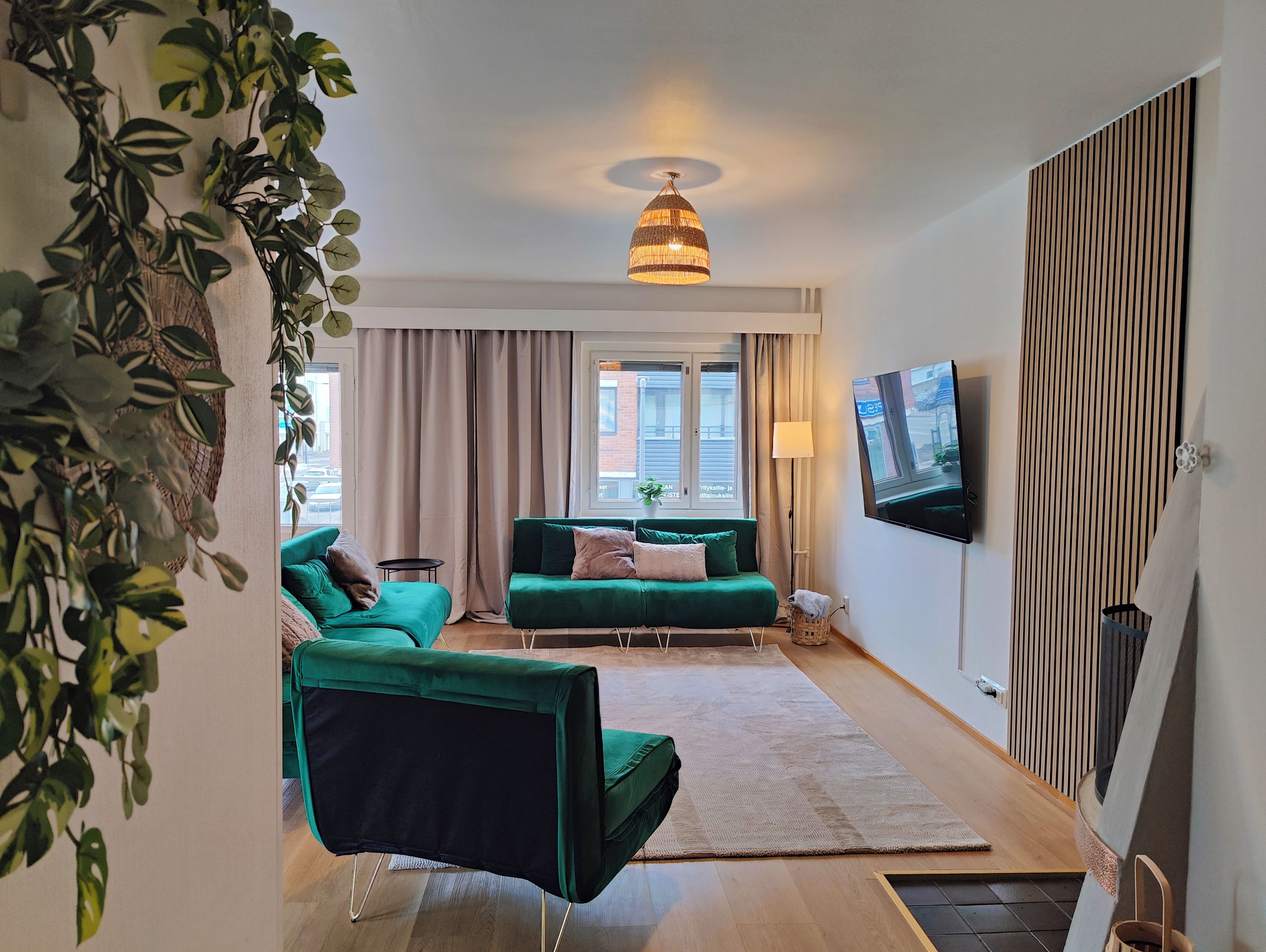 A modern living room with green sofas, a flat-screen TV, and a hanging plant.