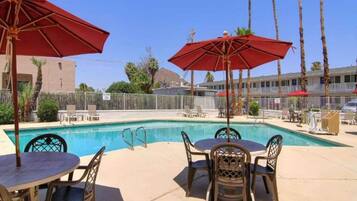 Zona de piscina con sillas de descanso y sombrillas, rodeada por una valla y palmeras.