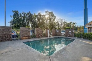 A swimming pool with a no diving sign, surrounded by a brick wall and metal fencing.